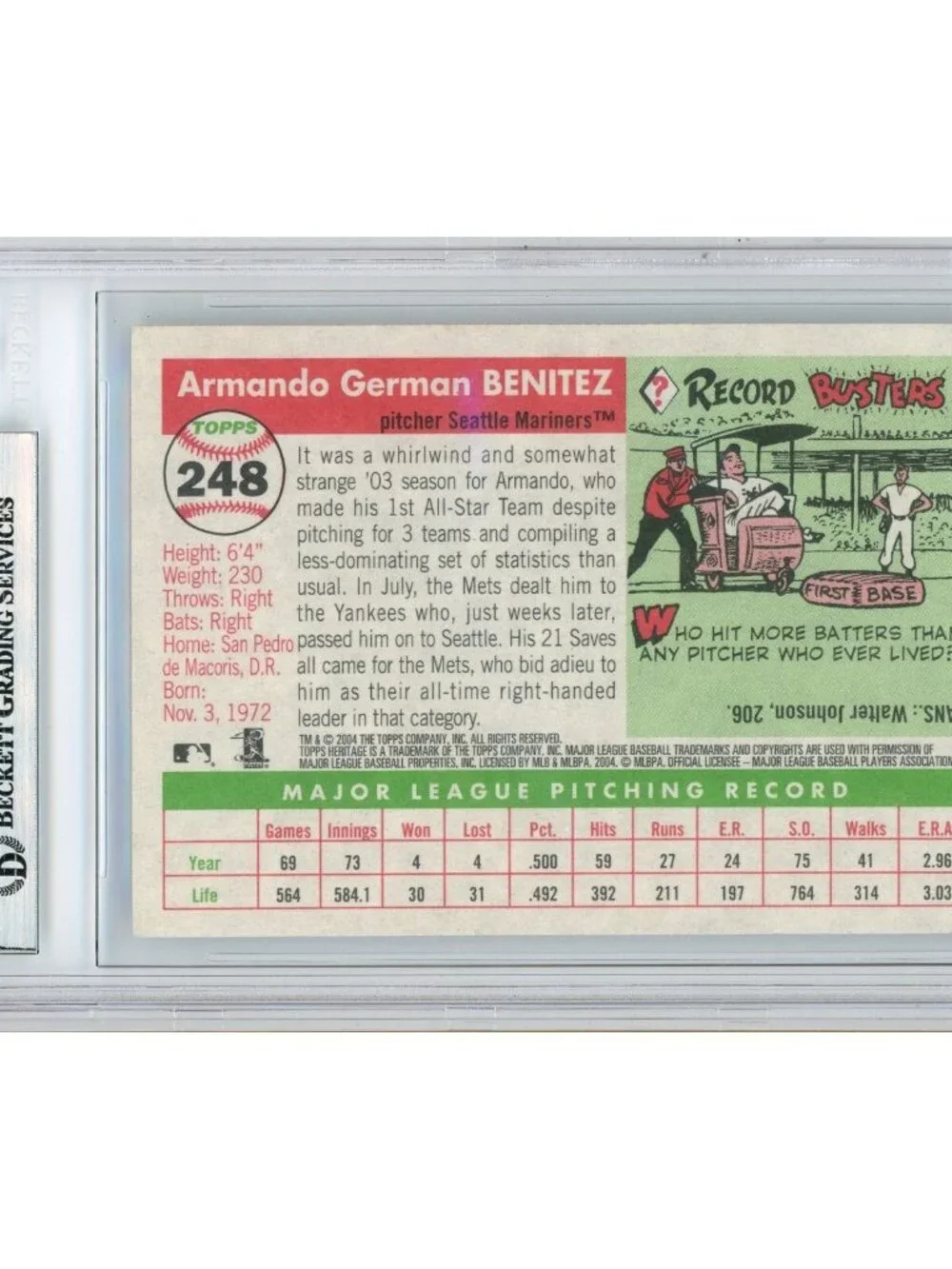 Armando Benitez Signed 2004 Topps Heritage #248 Mariners Card Beckett BAS Slab